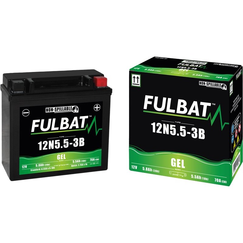 Fulbat battery 12N5.5-3B GEL 12Volt Capacity:5.5Ah CCA:70Amp L:135 W:60 H:130 P/N:550980 Polarity: - / + Fulbat battery 12N5.5-3B GEL 12Volt Capacity:5.5Ah CCA:70Amp L:135 W:60 H:130 P/N:550980 Polarity: - / +