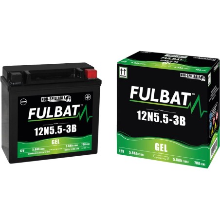 Fulbat battery  12N5.5-3B GEL  12Volt  Capacity:5.5Ah  CCA:70Amp  L:135 W:60 H:130   P/N:550980  Polarity: - / +