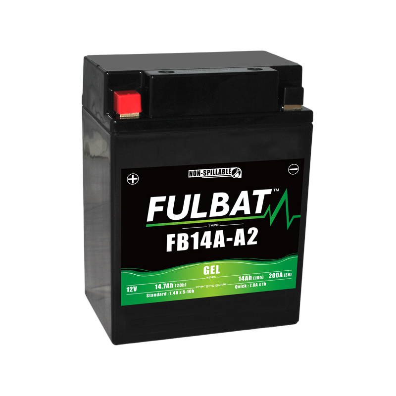 Fulbat battery FB14A-A2 GEL 12Volt Capacity:14Ah CCA:200Amp L:134 W:88 H:176 P/N:550971 Polarity: + / - Fulbat battery FB14A-A2 GEL 12Volt Capacity:14Ah CCA:200Amp L:134 W:88 H:176 P/N:550971 Polarity: + / -