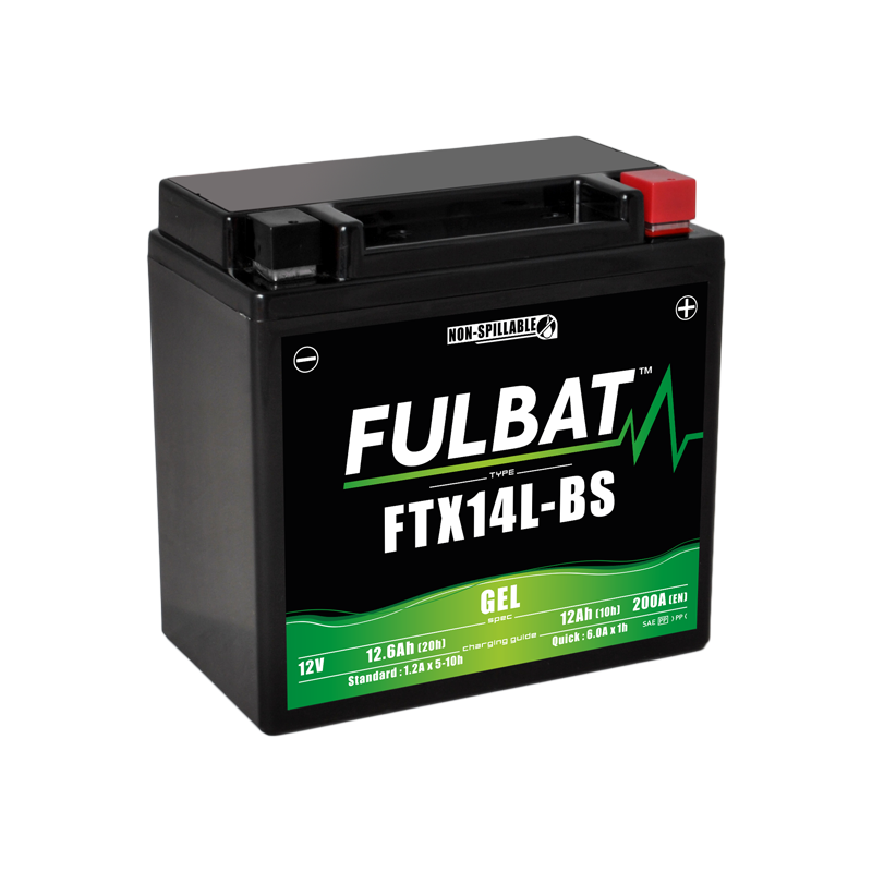 Fulbat battery FTX14L-BS GEL 12Volt Capacity:12Ah CCA:200Amp L:150 W:87 H:145 P/N:550990 Polarity: - / + Fulbat battery FTX14L-BS GEL 12Volt Capacity:12Ah CCA:200Amp L:150 W:87 H:145 P/N:550990 Polarity: - / +