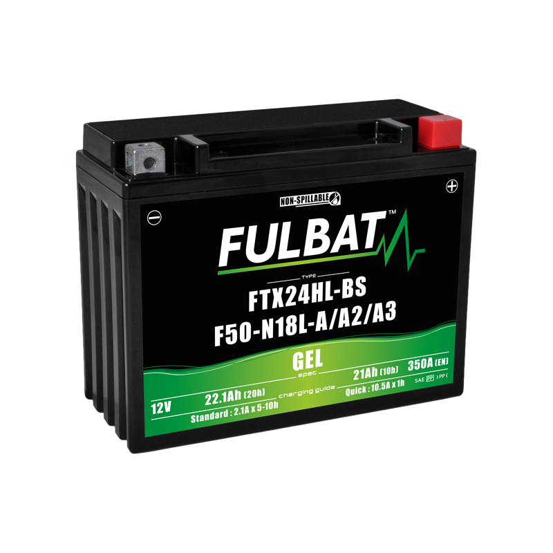 Fulbat battery FTX24HL-BS / F50-N18L-A/A2/A3 GEL 12Volt Capacity:21Ah CCA:350Amp L:205 W:87 H:162 P/N:550982 Polarity: - Fulbat battery FTX24HL-BS / F50-N18L-A/A2/A3 GEL 12Volt Capacity:21Ah CCA:350Amp L:205 W:87 H:162 P/N:550982 Polarity: -