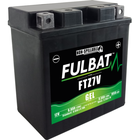 Fulbat battery  FTZ7V GEL  12Volt  Capacity:6,5Ah  CCA:105Amp  L:113 W:70 H:121   P/N:550998  Polarity: - / +
