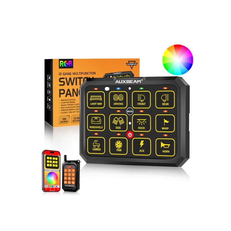 Auxbeam AC-1200 RGB Switch Panel with APP&Remote Control, Toggle/ Momentary/ Pulsed Mode Supported (One-Sided Outlet) Auxbeam AC-1200 RGB Switch Panel with APP&Remote Control, Toggle/ Momentary/ Pulsed Mode Supported (One-Sided Outlet)