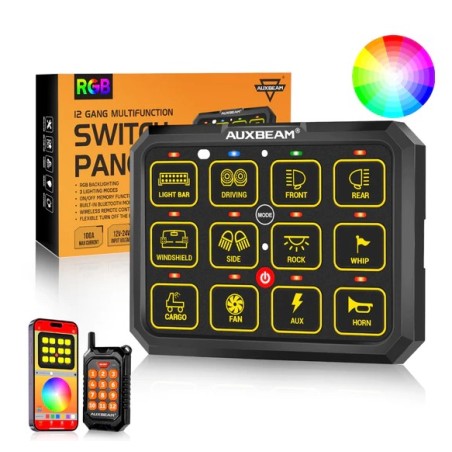 Auxbeam AC-1200 RGB Switch Panel with APP&Remote Control, Toggle/ Momentary/ Pulsed Mode Supported (One-Sided Outlet)